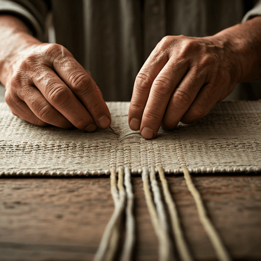 Hands at work: stitching and weaving natural fabric